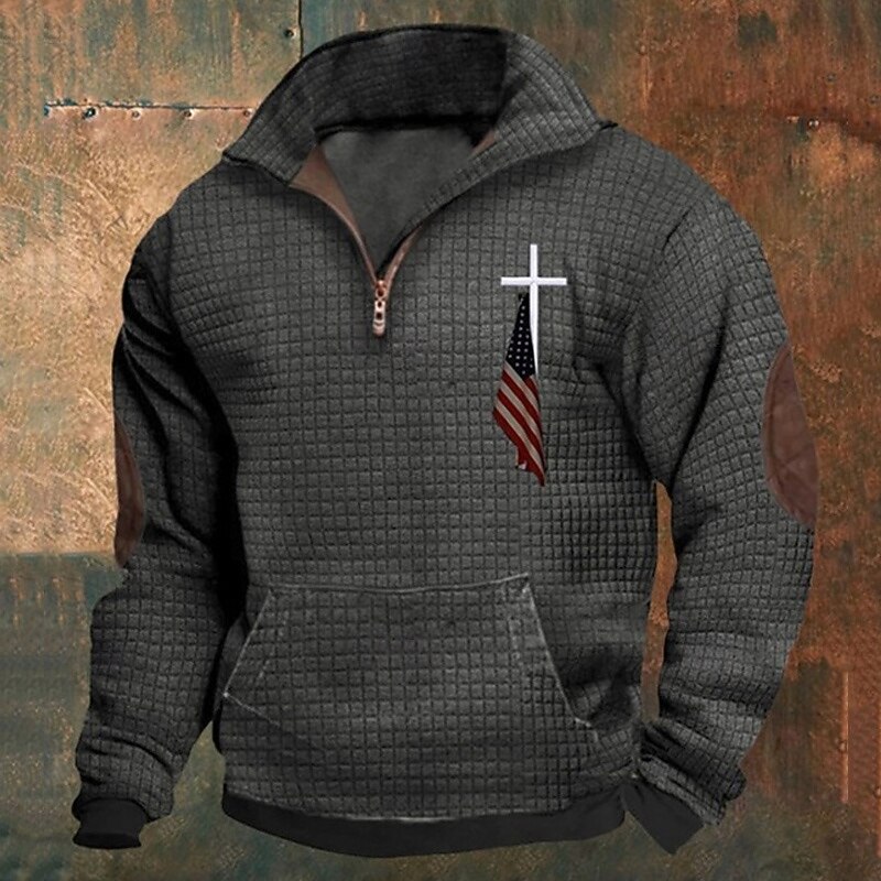 Men's Sweatshirt Waffle Sweatshirt Quarter Zip Sweatshirt Black Army Green Blue Dark Gray Half Zip Cross Print Sports & Outdoor Daily Holiday Polyester Streetwear Basic Casual Spring &  Fall Clothing