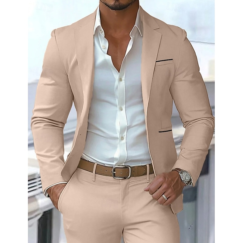 Men's Blazer Jacket Outdoor Office / Career Casual Pocket Neutral All Seasons Polyester Solid Color Pocket Buttons Single Breasted Blazer Black Burgundy Dark Navy khaki