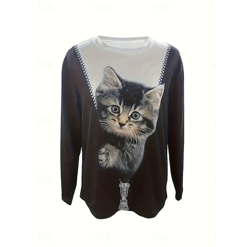 Women's T Shirt Pullover Casual Cat Street Casual Round Neck Print Long Sleeve Black Winter Spring &  Fall3