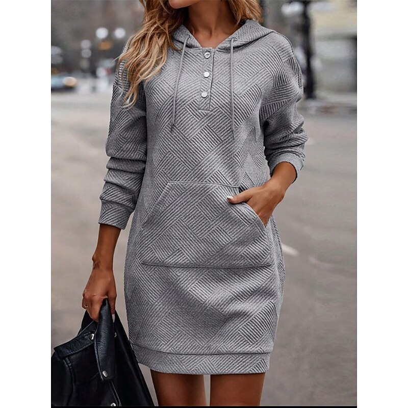 Women's Shift Dress Midi Dress Drawstring Casual Crew Neck Long Sleeve Black Khaki Beige Color