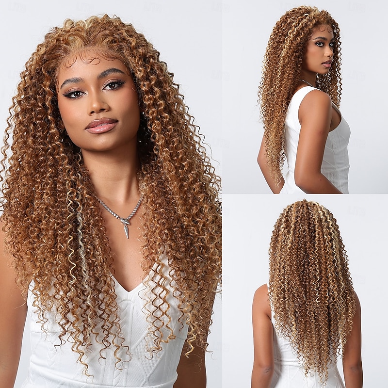 Synthetic Lace Wig Curly Style 28 inch Dark Brown Gold Blonde Ombre Middle Part 13x6 Lace Front Wig Women's Wig Golden Brown With Blonde