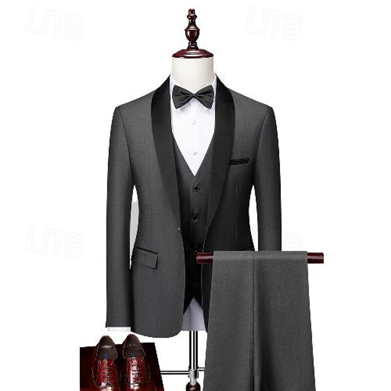 Men's Wedding Party Tuxedos Party Dark Grey Black Solid Colored Standard Fit 3 Piece Single Breasted One-button3
