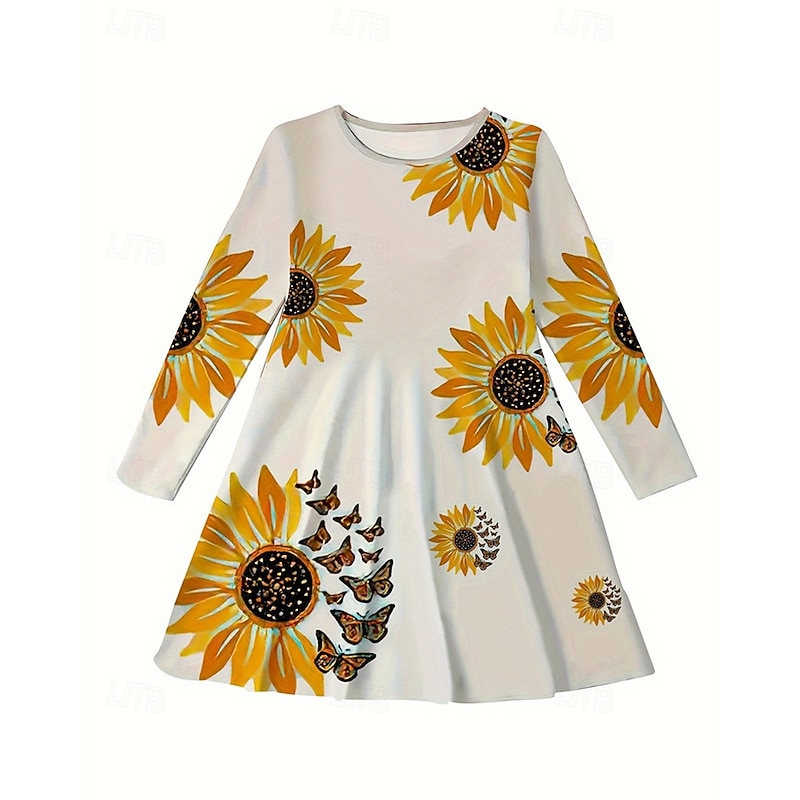 Easter Girls' 3D Graphic Sunflower Dress Long Sleeve Summer Spring Vacation Daily Holiday Princess Beautiful Sweet Kids 4-12 Years Casual Dress A Line Dress Knee-length Regular Fit3