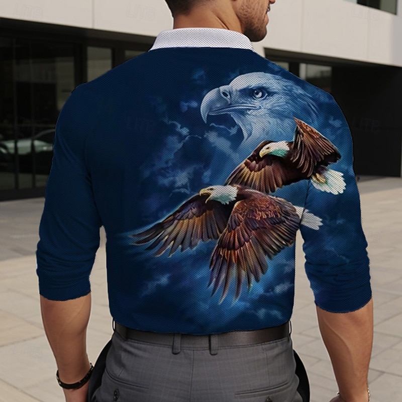 Men's Eagle Patriotic Polo Shirts Golf Polos Shirts Long Sleeve Polo Shirts Collar Vacation Party Evening Wear Dailywear Zipper 3D Print Spring Fall & Winter Blue Purple Green2