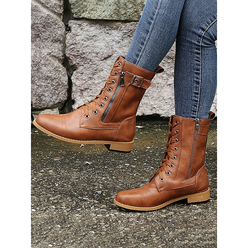 Women's Brown Lace-Up Combat Boots with Zipper Closure - Stylish and Durable Ankle Boots for Casual Wear and Outdoor Activities4
