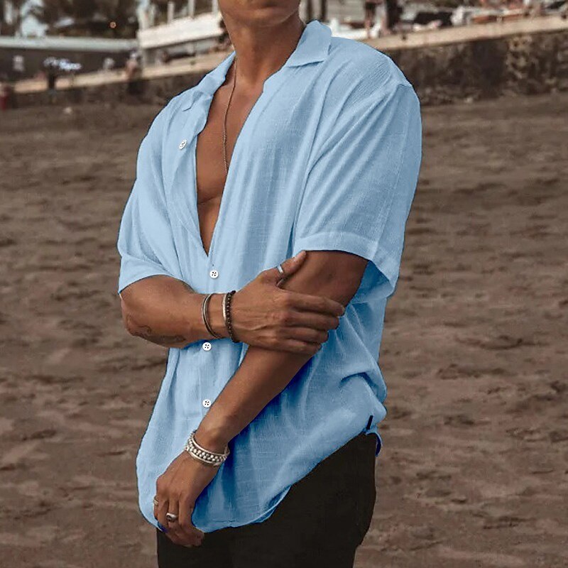 Men's Summer Shirt Beach Wear Button Up Shirt Plain Vacation Curise White Blue Khaki Gray Short Sleeve Turndown Summer Clothing Apparel3