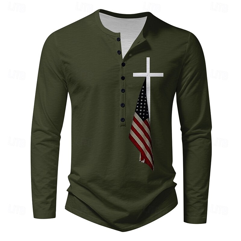 Men's New Year Flag Long Sleeve Shirt Long Sleeve Print Daily Casual Daily Festival Spring &  Fall Black Blue Green Light Grey Henley Henley T-Shirt3