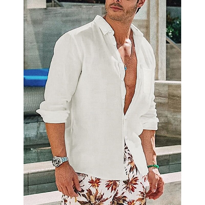 Men's Shirt Linen Shirt Summer Shirt Beach Wear Button Up Shirt Plain Vacation Casual Black White Blue Brown Long Sleeve Button Down Collar Spring & Summer Clothing Apparel2