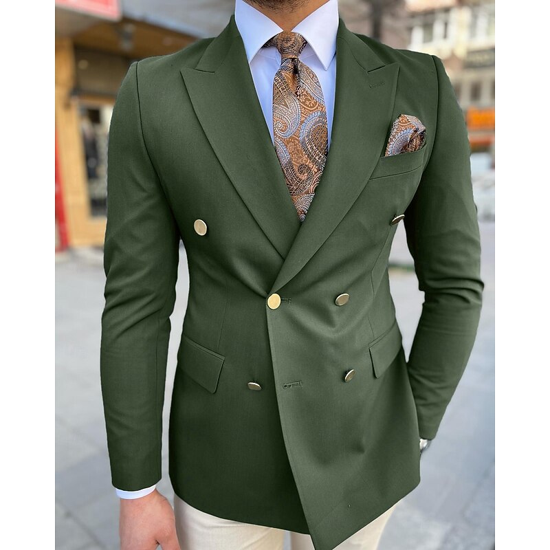 Men's Blazer Jacket Sport Coat Closure collar Casual Office Solid Colored ArmyGreen White Navy Blue Tailored Fit Double Breasted Six-buttons4