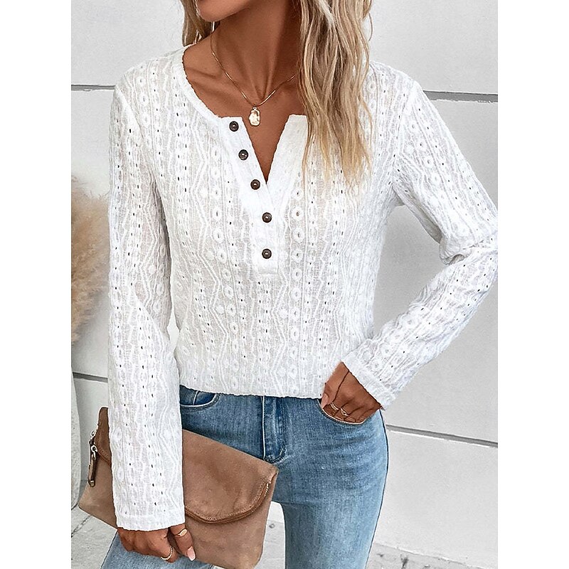 Women's Tunic Elegant Casual Lace Long Sleeve Regular Tops Daily Black White Beige Spring Fall3