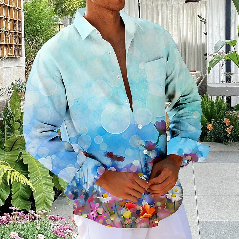 Men's Floral Beach Shirt Button Up Shirt Long Sleeve Hawaiian Vacation Daily Fall Winter Spring & Summer Collared Shirts 3D Print Blue Purple - Main Image