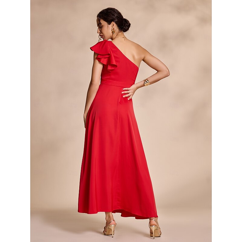 Red Satin Peplum Hem Solid Party/Wedding Guest Maxi Dress dress to impress 20242