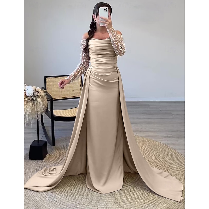 Sheath Evening Gown Elegant Dress Formal Floor Length Long Sleeve Off ShoulderMother Of the Bride Dress Satin with Pearls Overskirt