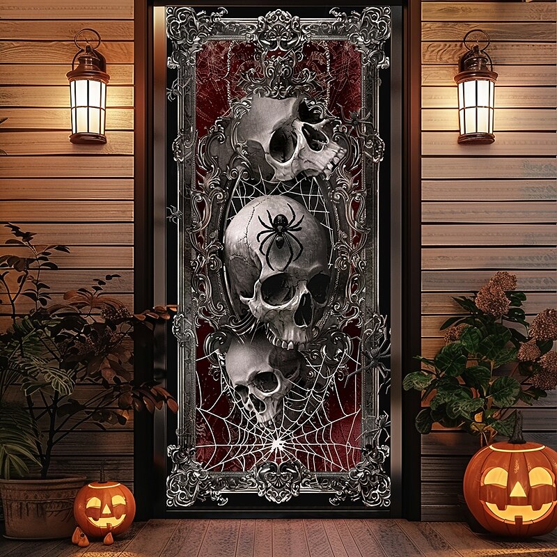 Door Decorations  Door Covers Skulls Door Tapestry Door Curtain Decoration Backdrop Door Banner for Front Door Farmhouse Holiday Party Indoor Outdoor Decor Supplies Spider Net