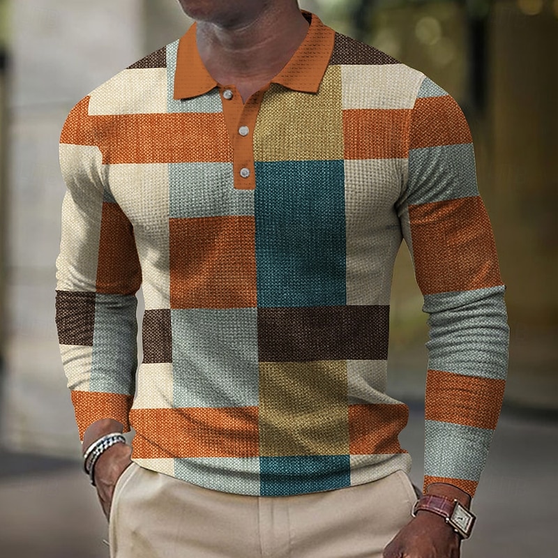 Men's Plaid Golf Shirt Long Sleeve Polo Shirts Collared Shirts Vintage Casual Vacation Wear Formal Wear Festival Wear Buttons 3D Print Spring Fall Winter Blue Orange Green2