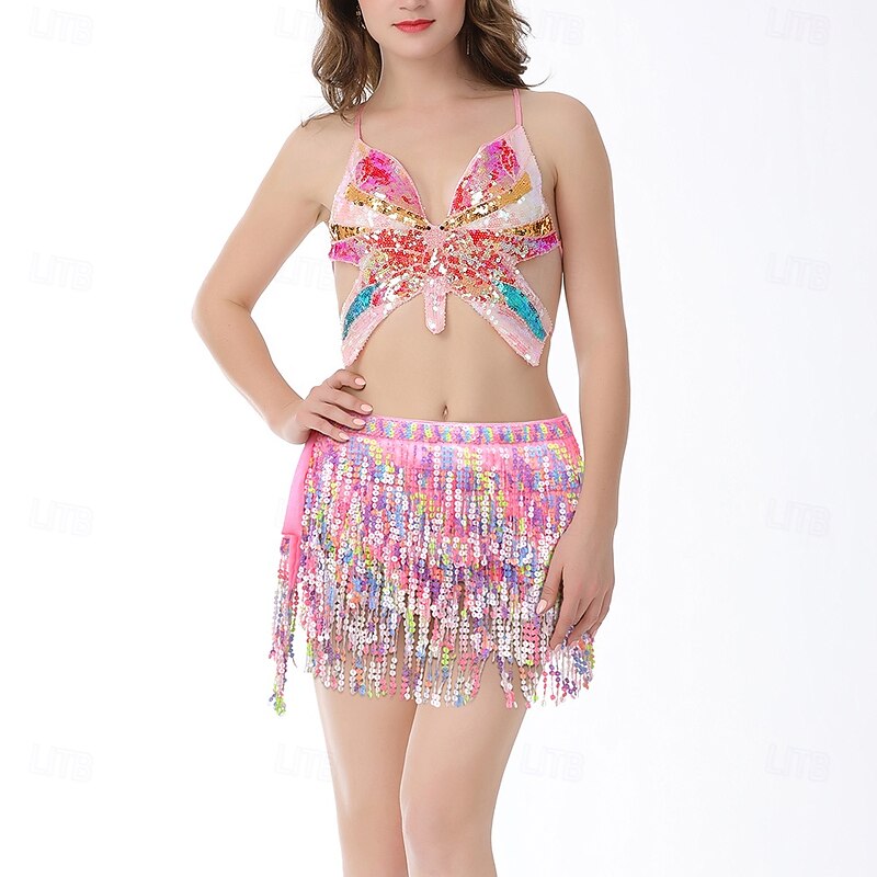 Belly Dance Vest Glitter Tassel Splicing Women's Performance Training Sleeveless Natural Sequined