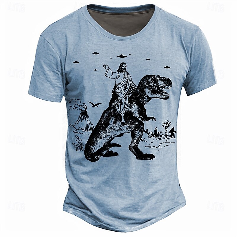 Men's Funny Jesus Riding T-Rex Graphic T-Shirt with UFO & Bigfoot Print - Absurd Grey Short Sleeve4