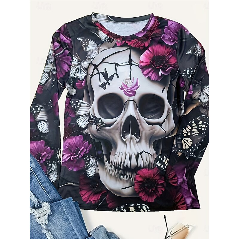 Halloween Women's T Shirt Skulls Long Sleeve Crew Neck Long Sleeve Tunic Tee Print Purple Spring Fall Prefall2