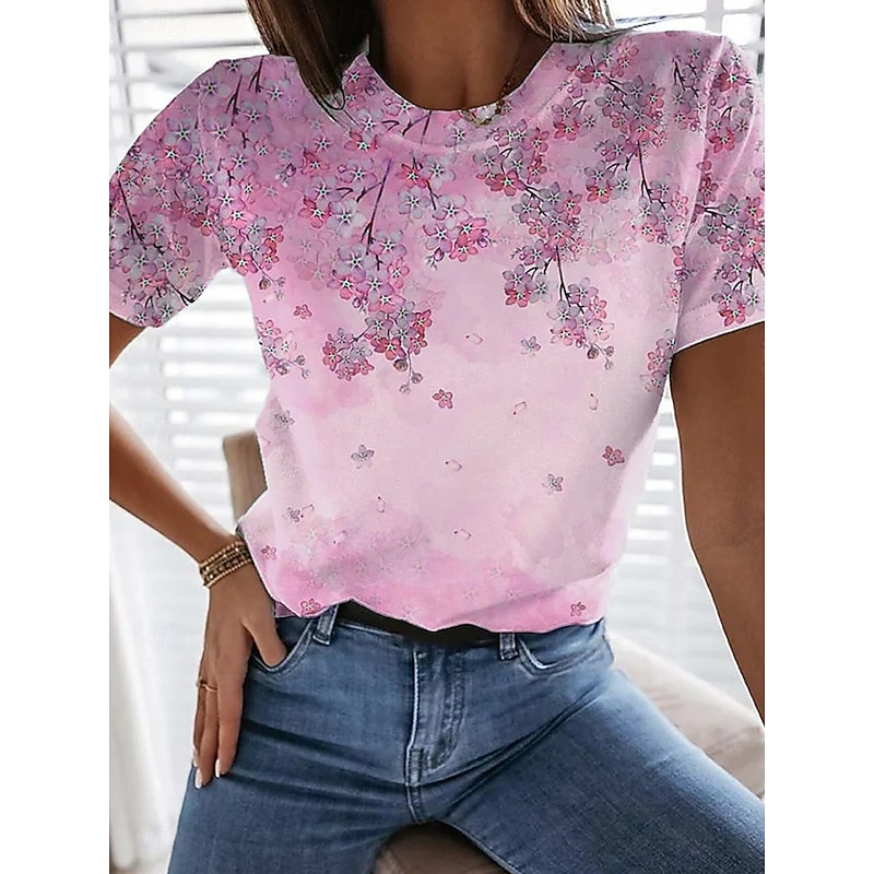 Women's T Shirt Casual Print Short Sleeve Regular Tops Daily Pink Blue Summer
