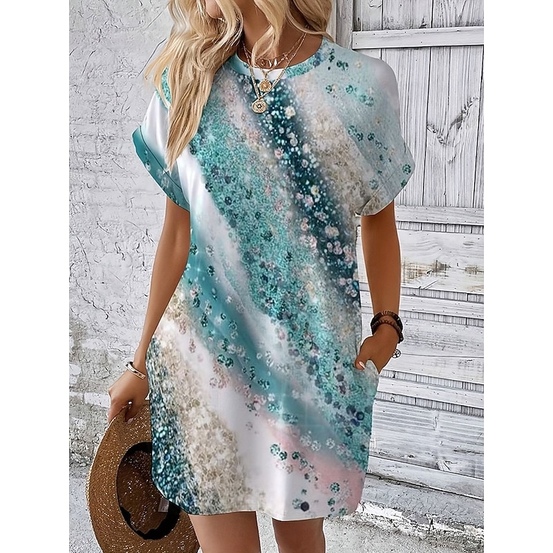 Women's Casual Dress Sundress Abstract Marble Pocket Crew Neck Elbow Sleeve Mini Dress Hawaiian Stylish Daily Date Short Sleeve Summer Spring