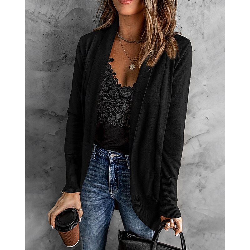 Women's Cardigan Fashion Work Casual Solid Color Shirt Collar Patchwork Long Sleeve Regular Tops Knit Formal Work Black White Fall Winter3