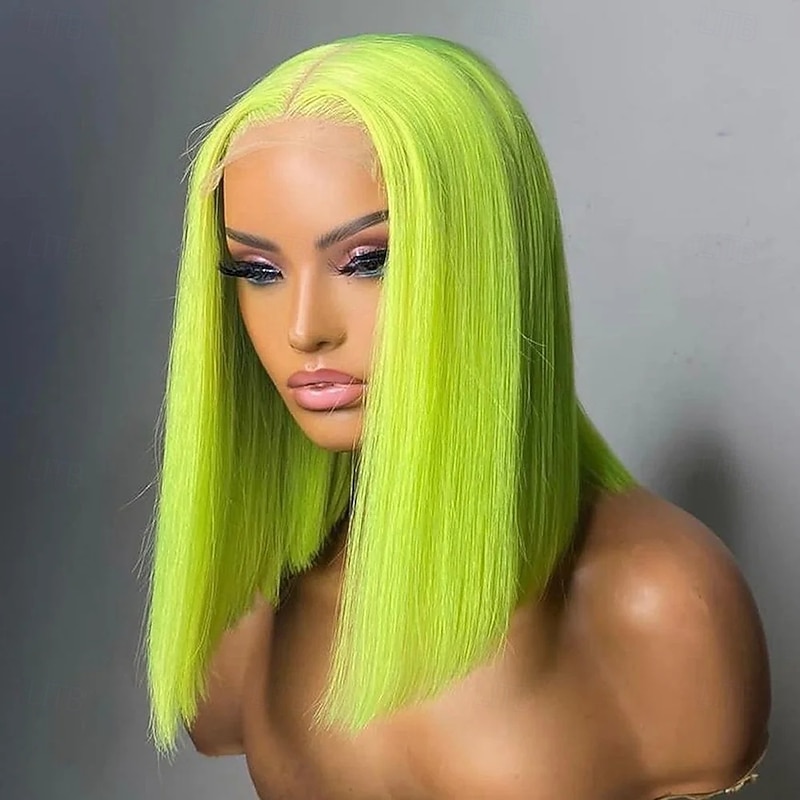 Rose Neon# Lace Front Bob Wigs Ombre Neon Green Side Part Simulated Scalp with Hand-Tied Lace Front Short Bob Human Hair Wig for Women Natural Hairline with Baby Hair Lemon Green Color