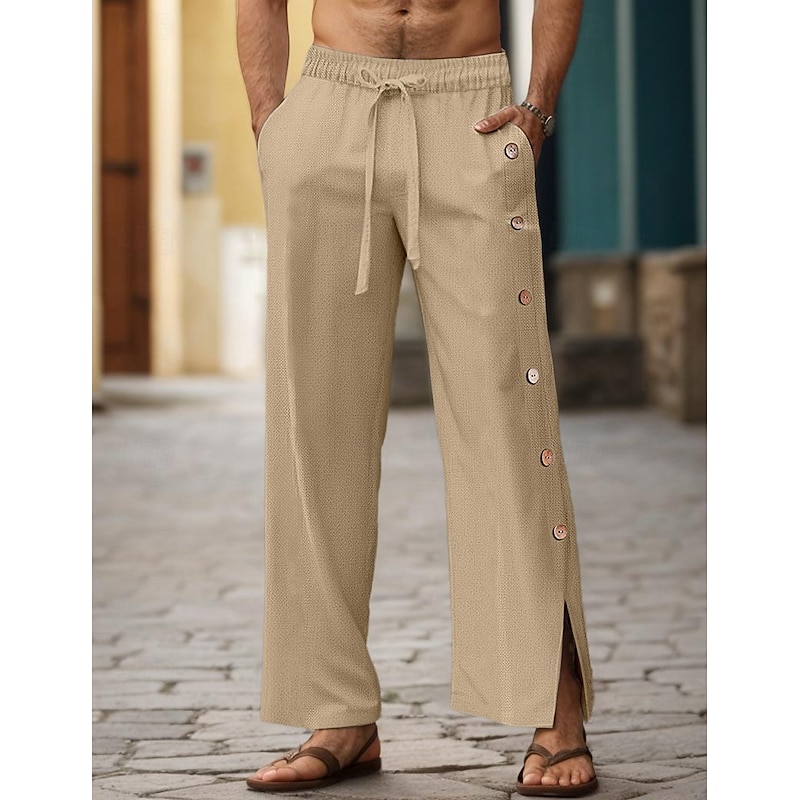 40% Linen Men's Linen Pants Trousers Summer Pants Drawstring Elastic Waist Side Button Plain Comfortable Breathable Vacation Office / Career Daily Classic Casual Black White3