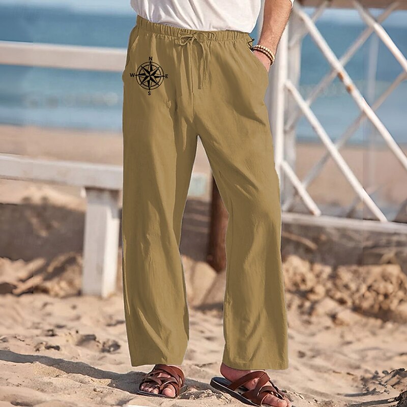 Men's Geometric Pattern Graphic Prints Linen Pants Trousers Baggy Pants Mid Waist Vacation Hawaiian Holiday Outdoor Streetwear Elastic Waist Spring &  Fall Fall & Winter Green Khaki Beige4