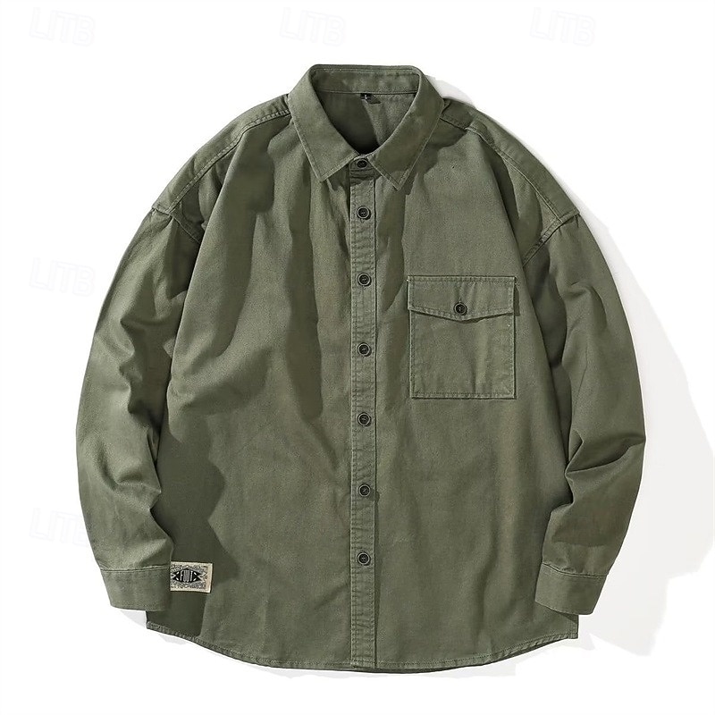 Men's Shirt Summer Shirt Button Up Shirt Casual Shirt Work Shirt Green Long Sleeve Plain Lapel Holiday Vacation Pocket Clothing Apparel Fashion Casual Comfortable2