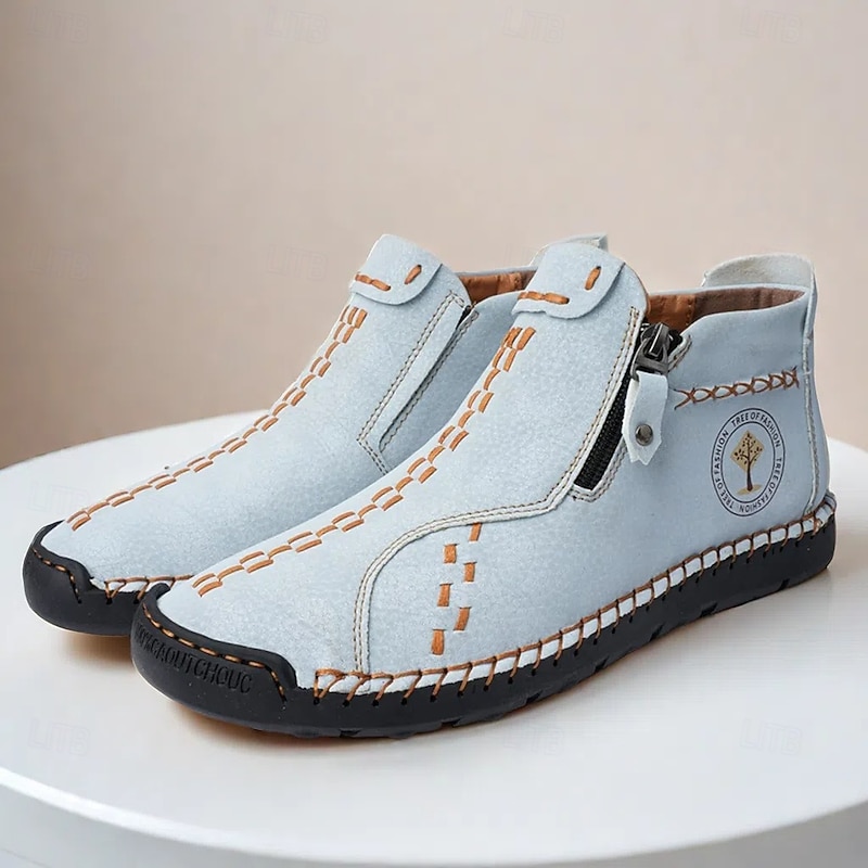 Men's Casual Light Blue Leather Loafers with Unique Hand-Stitched Details and Zip Closure, Ideal for Daily Wear