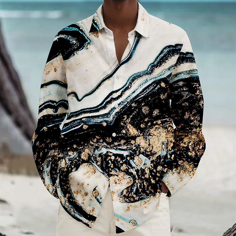 Men's Beach Shirt Button Up Shirt Long Sleeve Hawaiian Vacation Daily Fall Winter Spring & Summer Collared Shirts 3D Print Blue Brown
