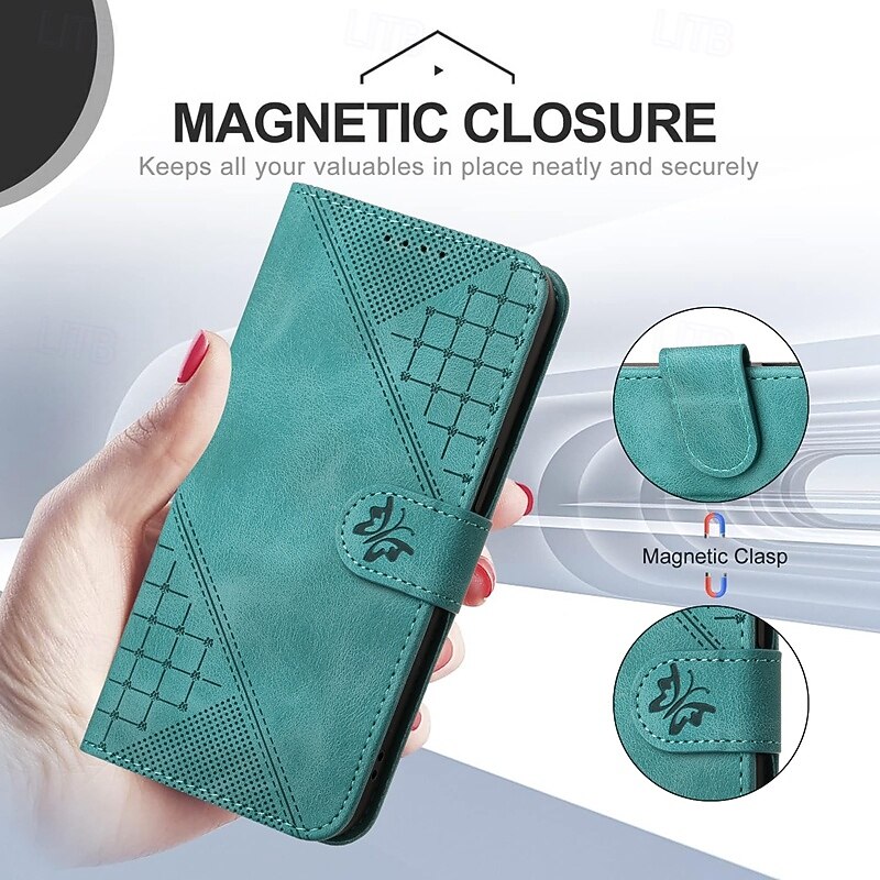 Phone Case For iPhone 17 Pro Max 17 Air 16 15 14 Pro Max Plus 13 12 11 Pro Max Mini Wallet Case Magnetic with Wrist Strap Kickstand Butterfly Geometric Pattern TPU PU Leather2