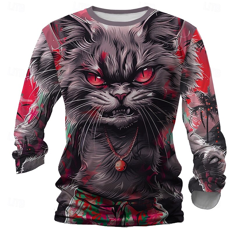 Men's Cat Funny T Shirt Long Sleeve T shirt 3D Print Crew Neck Shirt Designer Retro Vintage Street Casual Daily Yellow Red Blue Summer Spring Fall Clothing Apparel S M L XL XXL XXXL2