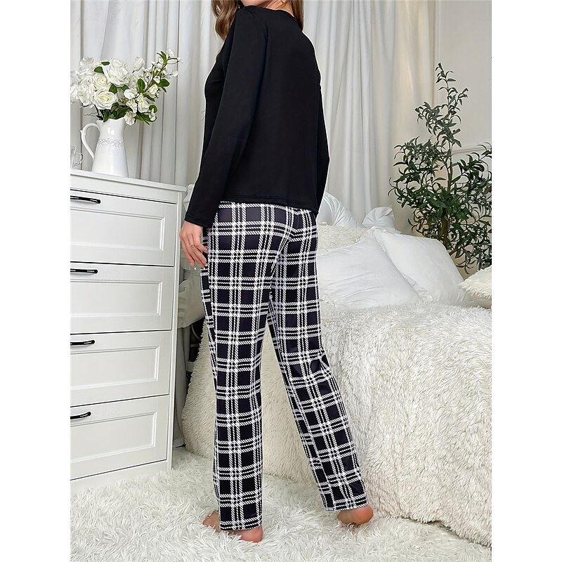 Women's Pajamas Sets Grid / Plaid Letter Fashion Comfort Home Daily Bed Breathable Crew Neck Long Sleeve T shirt Tee Pant Elastic Waist Fall Winter Home Outfits3