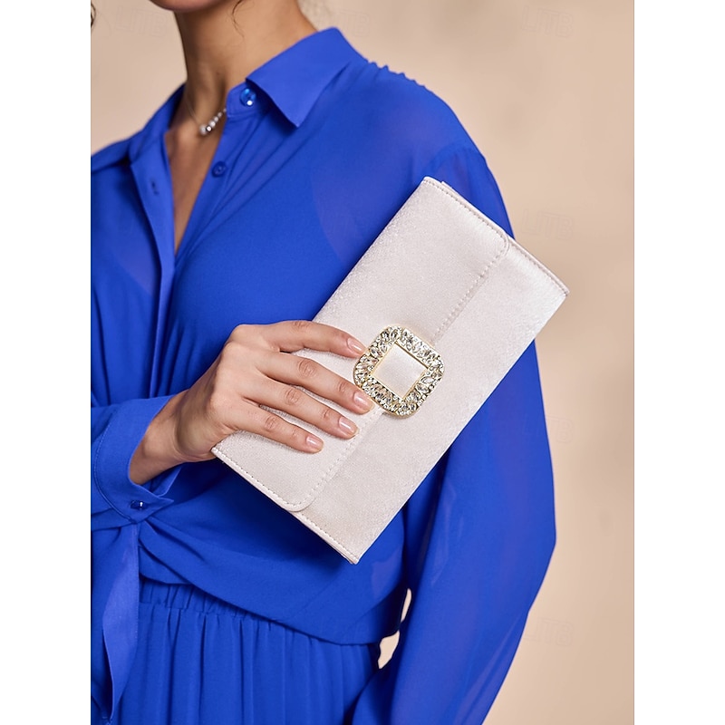 Women's White Satin Clutch with Rhinestone Buckle - Elegant Evening Bag for Special Occasions3