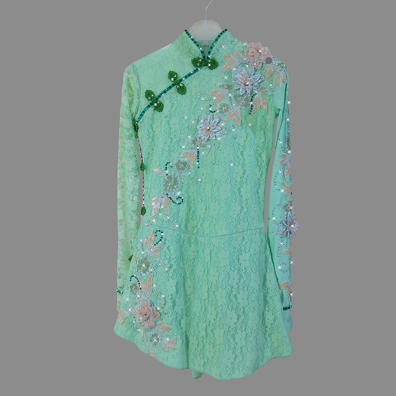 Figure Skating Dress Women's Girls' Ice Skating Dress Green Patchwork Mesh Spandex Lace Stretchy Training Practice Professional Skating Wear Thermal Warm Classic Crystal / Rhinestone Long Sleeve Ice