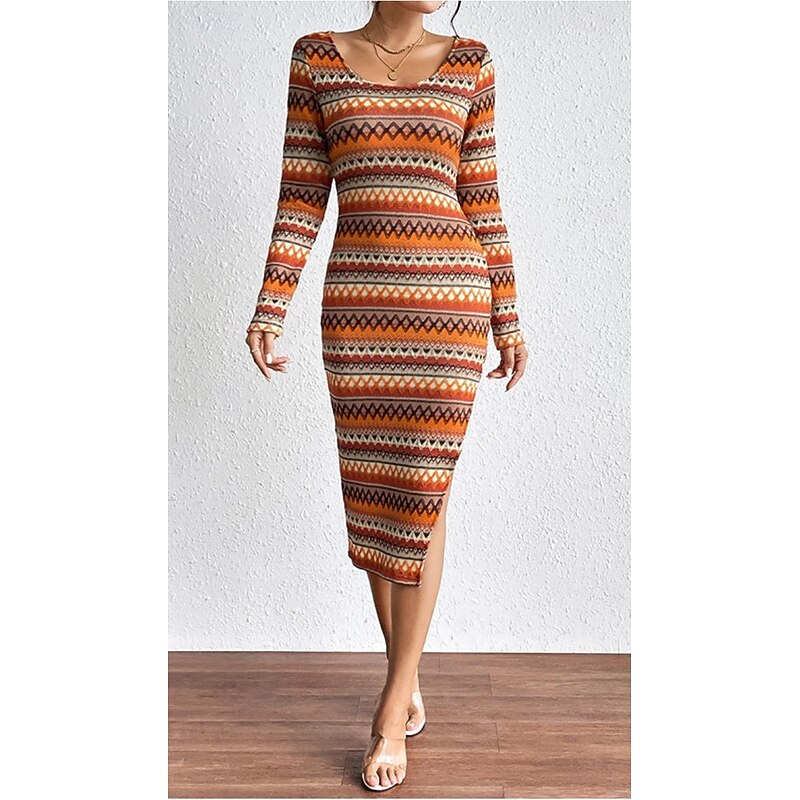 Women's Midi Dress Vintage Dress Boho Dress Elegant Retro Casual Daily Holiday Loose Fit Graphic Geometric Long Sleeve Crew Neck Orange Spring Fall3