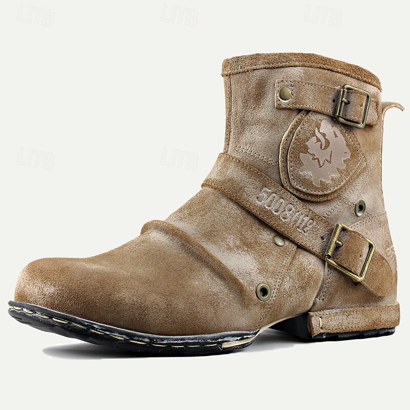 Men's Distressed Suede Leather Motorcycle Boots with Vintage Buckle Straps - Rugged Biker Style2