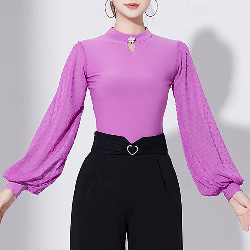 Ballroom Dance Activewear Leotard / Onesie Pure Color Splicing Tulle Women's Performance Training Long Sleeve High Polyester4