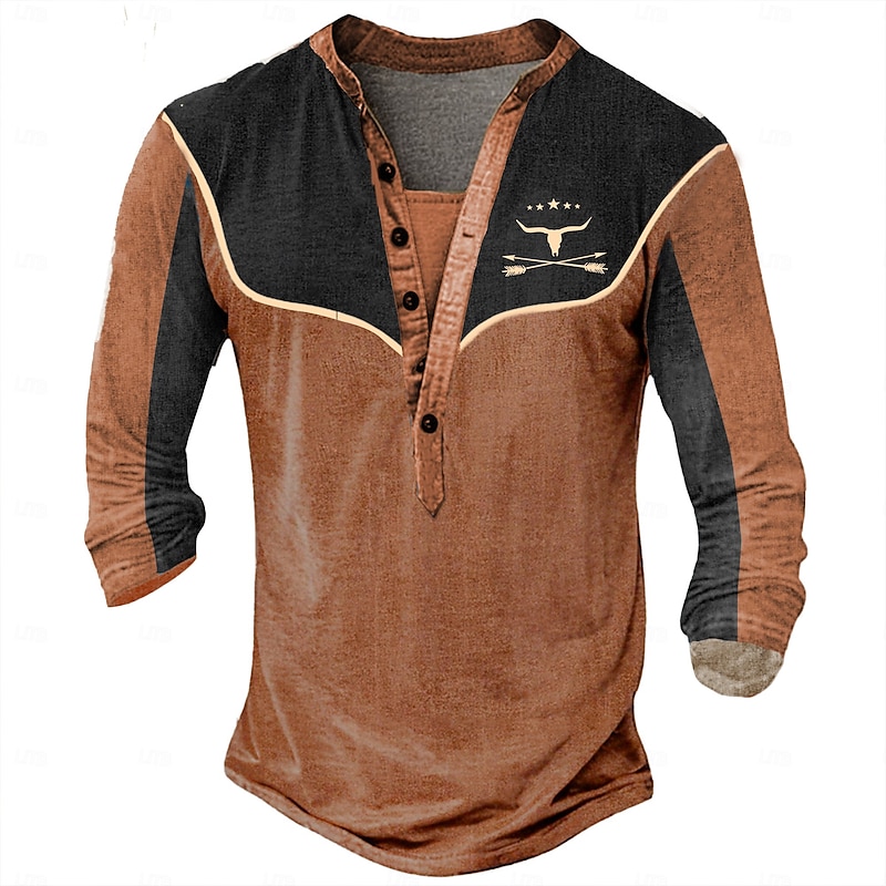 Men's Cowboy T Shirt Henley Shirt Long Sleeve 3D Print Designer Retro Vintage Western Style Street Casual Daily Summer Spring Fall Black Blue Green Henley Henley T-Shirt4