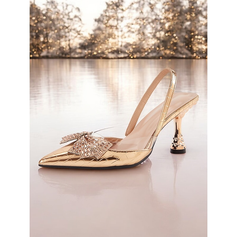 Women's Gold Quilted Slingback Heels with Bow Detail - Luxurious Pointed-Toe Design for Elegant Evening Wear