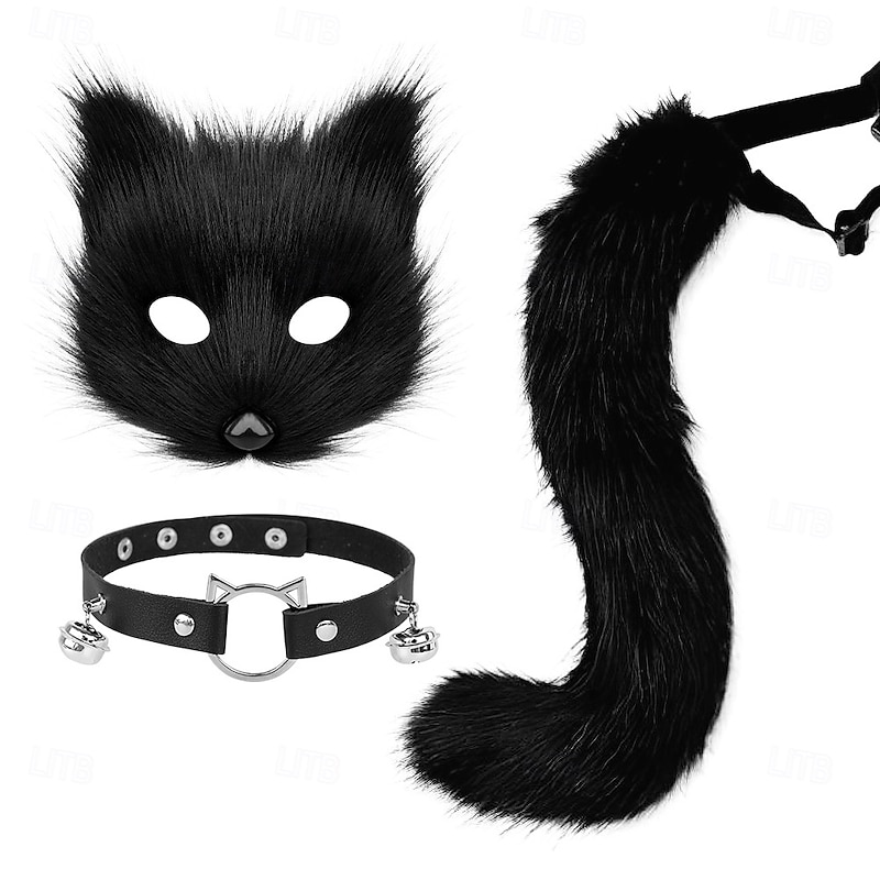 Faux Fur Fox Mask Wolf Cat Fluffy Tail and Leather Necklace Set Carnival Party Cosplay Costume Accessory