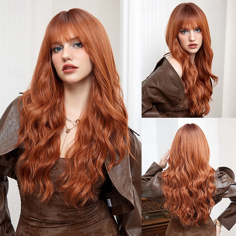 Synthetic Wig Curly Wavy Neat Bang With Bangs Machine Made Wig 26 inch Orange Synthetic Hair Women's Cute Cosplay Party Orange