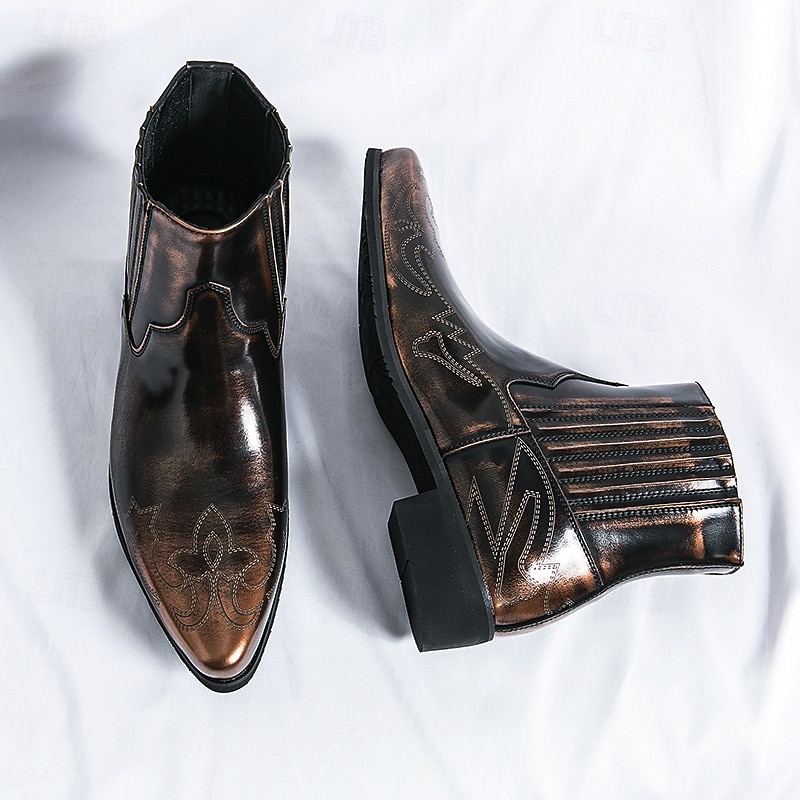 Men's Vintage Bronze Faux Leather Ankle Boots with Western Stitching, Stylish and Durable for Casual and Dressy Occasions 6