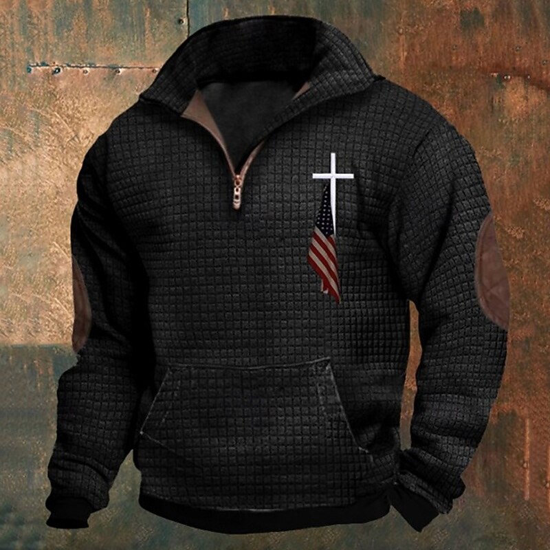 Men's Sweatshirt Waffle Sweatshirt Quarter Zip Sweatshirt Black Army Green Blue Dark Gray Half Zip Cross Print Sports & Outdoor Daily Holiday Polyester Streetwear Basic Casual Spring &  Fall Clothing2