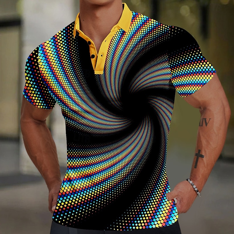 Men's Graphic Golf Shirt Short Sleeve Polo Shirts Collared Shirts Casual Vacation Wear Rave Wear Party Outfits Buttons 3D Print Summer Black