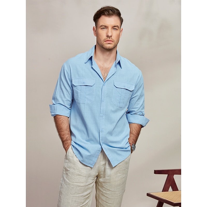 Men's Shirt Summer Shirt Beach Wear Casual Shirt Cotton Linen Shirt Button Up Shirt Plain Vacation Casual Blue Long Sleeve Lapel Spring & Summer Clothing Apparel Pocket