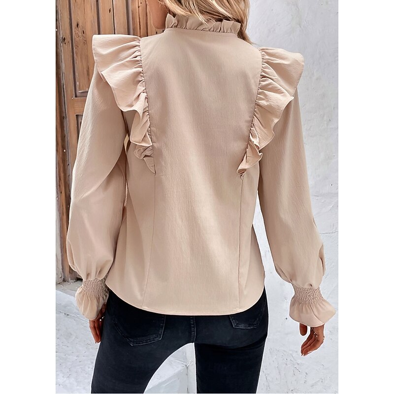 Women's Blouse Stylish Modern Ruffle Long Sleeve Regular Tops V Neck Work Daily Camel Spring Fall2