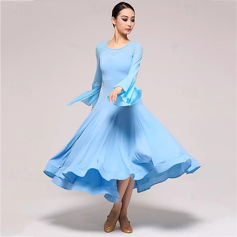 Ballroom Dance Dress Pure Color Splicing Women's Performance Party Long Sleeve Crystal Cotton Mesh4