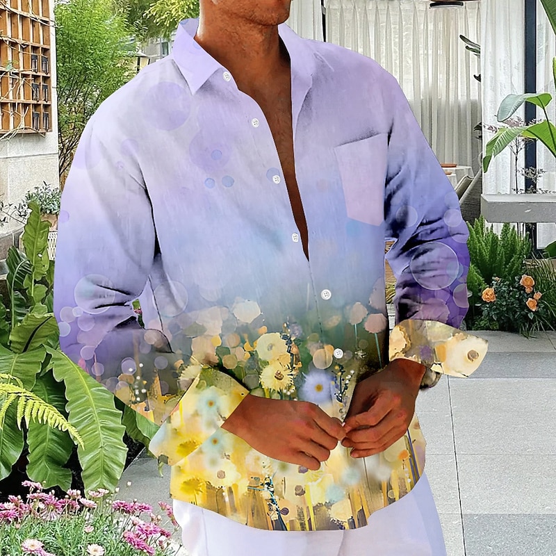 Men's Floral Beach Shirt Button Up Shirt Long Sleeve Hawaiian Vacation Daily Fall Winter Spring & Summer Collared Shirts 3D Print Blue Purple2